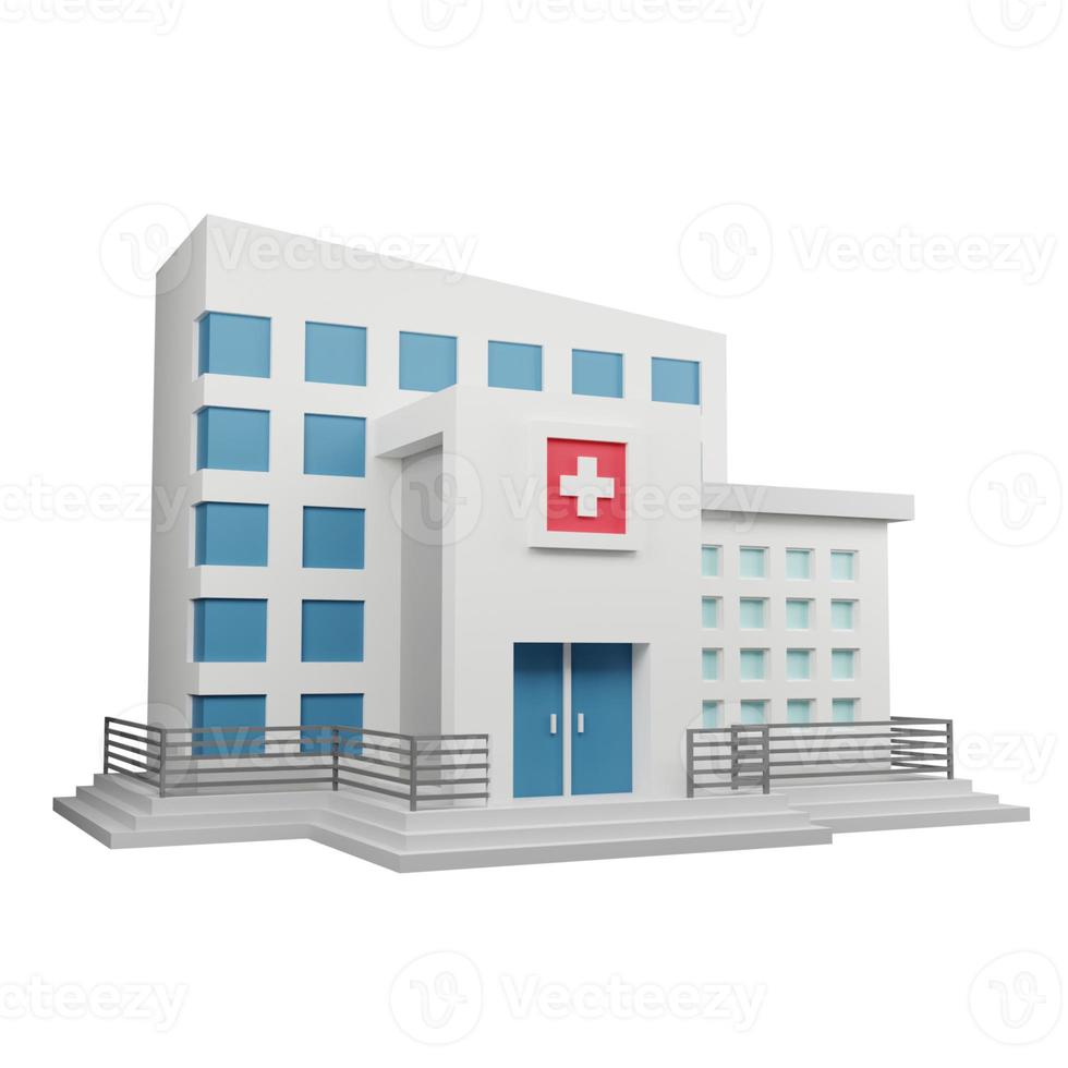 edifício do hospital em fundo branco isolado. cenário para saúde, medicina, fundo de arquitetura. ilustração de renderização 3D. foto