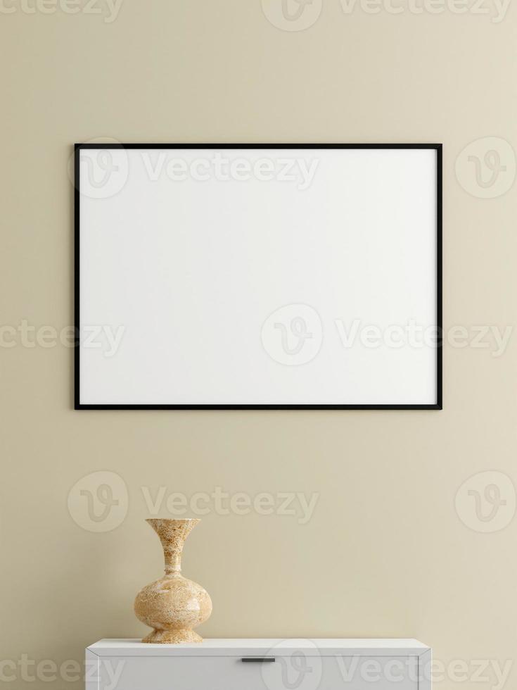 cartaz preto horizontal minimalista ou maquete de moldura na parede da sala de estar com mesa. renderização 3D. foto