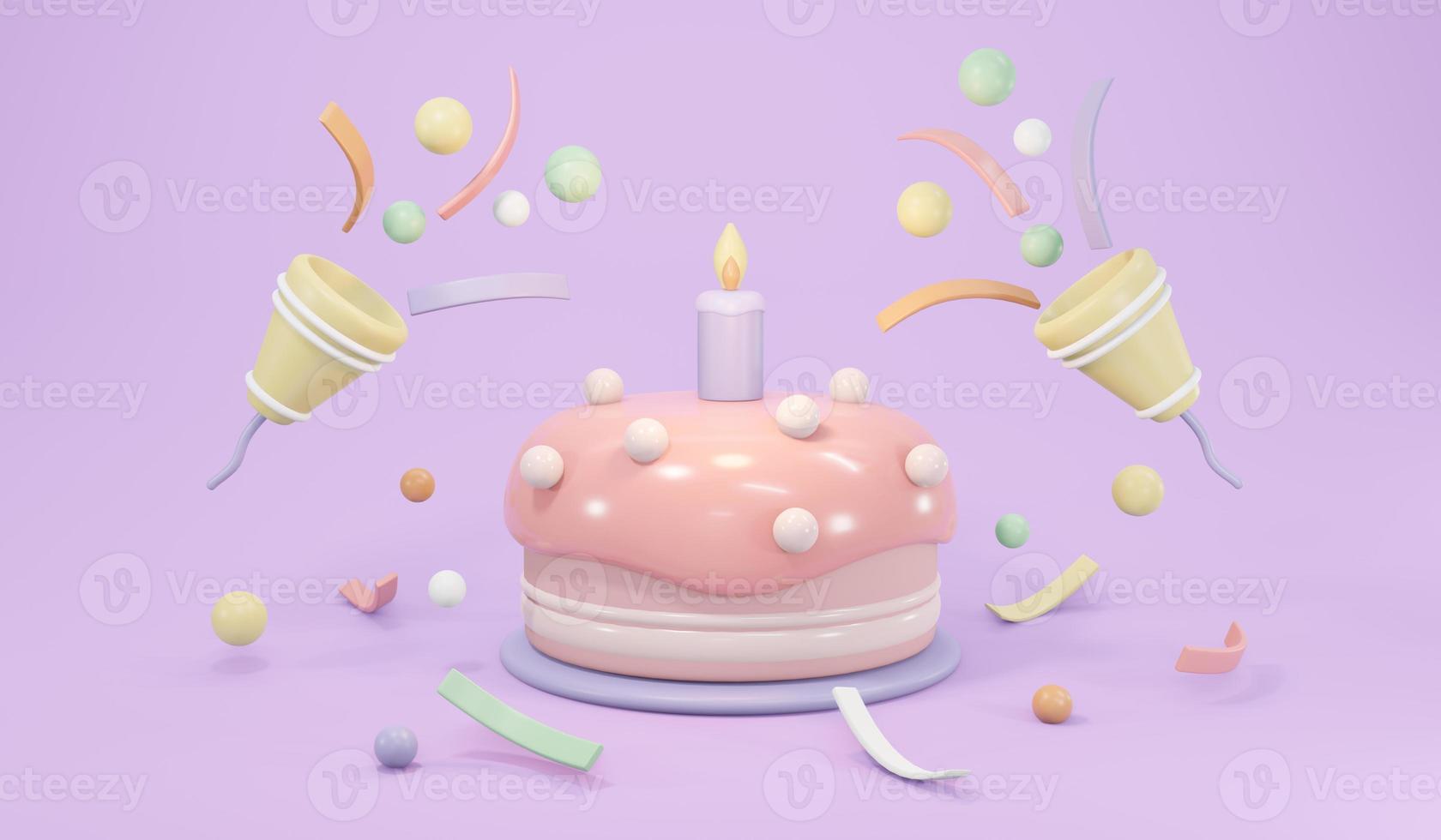 renderização 3D do bolo de aniversário com vela e popper de festa popper confetes no conceito de tema pastel de fundo de festa de aniversário. ilustração de renderização 3D. foto