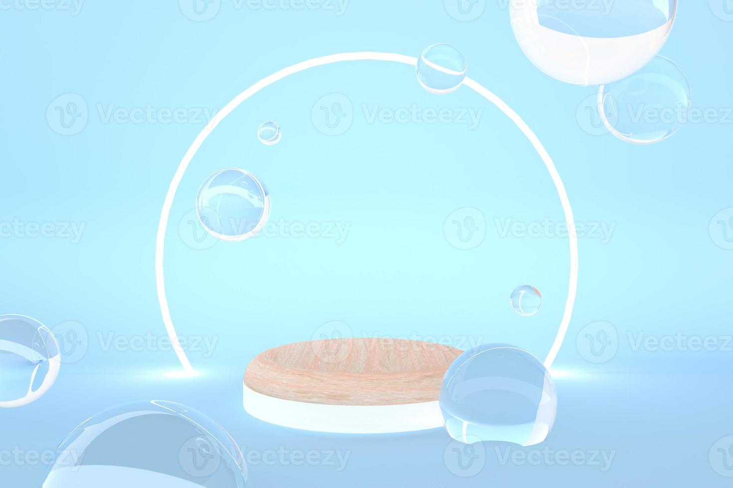 3d renderização mínima de pódio redondo de madeira palco para perfume skincare produto cosmético bola de bolha de água de vidro de cristal flutuante linha de anel brilhante azul espaço em branco fundo anúncio de estúdio foto