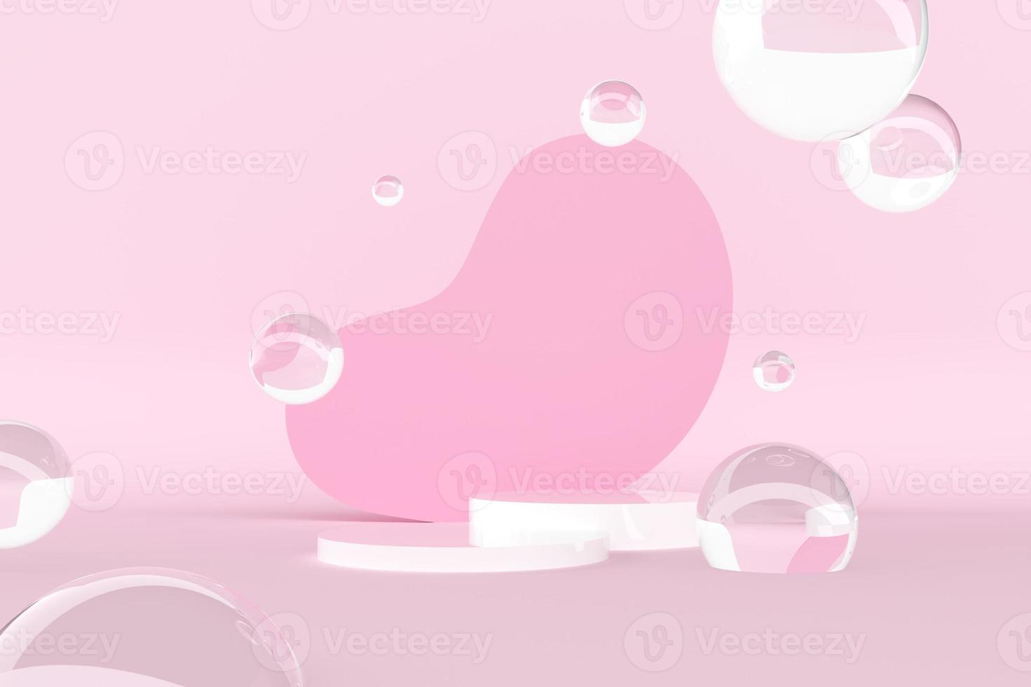 3d renderização mínima de dois palcos de pódio redondo duplo para perfume skincare produto cosmético flutuante vidro cristal bola bolha de água forma abstrata rosa espaço em branco fundo anúncio de estúdio foto