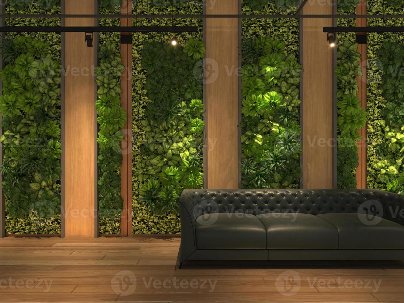 3d renderização sofá de maquete de interiores para casa em fundo de plantas verticais verdes para produto premium de natureza ou papel de parede foto