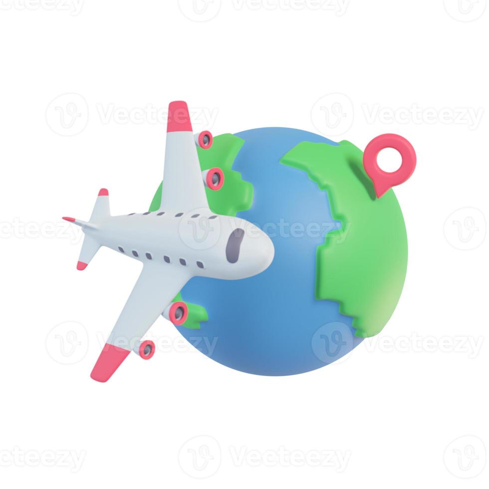 avião de passageiros voando ao redor do mundo. ideia de viagem de férias. renderização 3D. foto