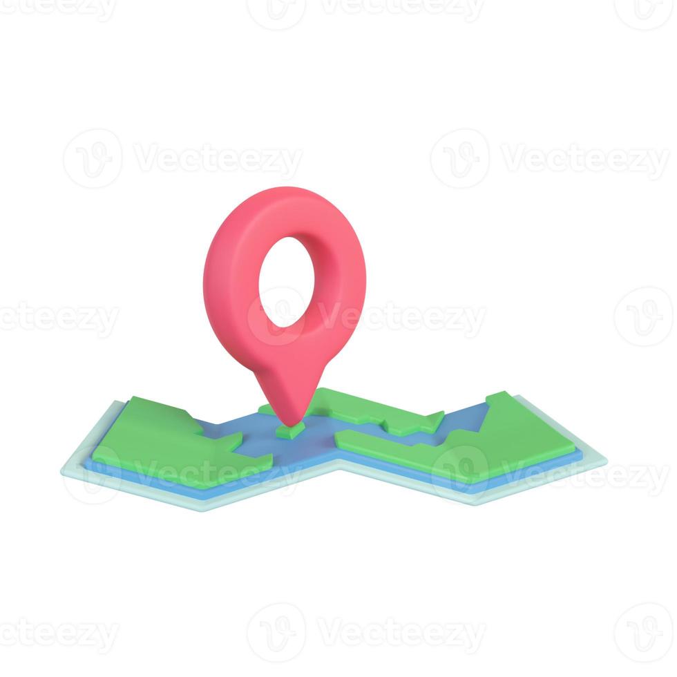 um alfinete vermelho preso a um mapa de papel. conceito de localizador de rotas. renderização 3D. foto