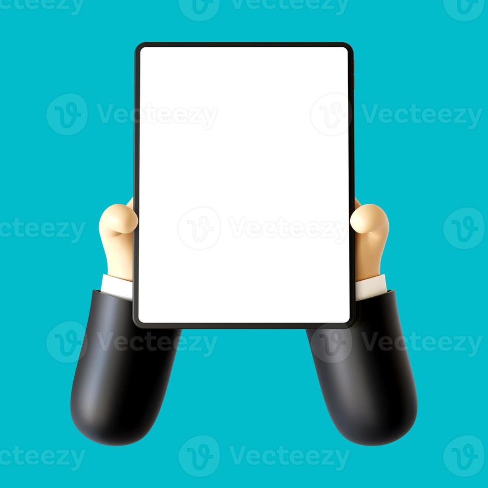 Ilustração de mão de desenho animado 3D segurando uma maquete de tablet em  tela cheia 7323190 Foto de stock no Vecteezy