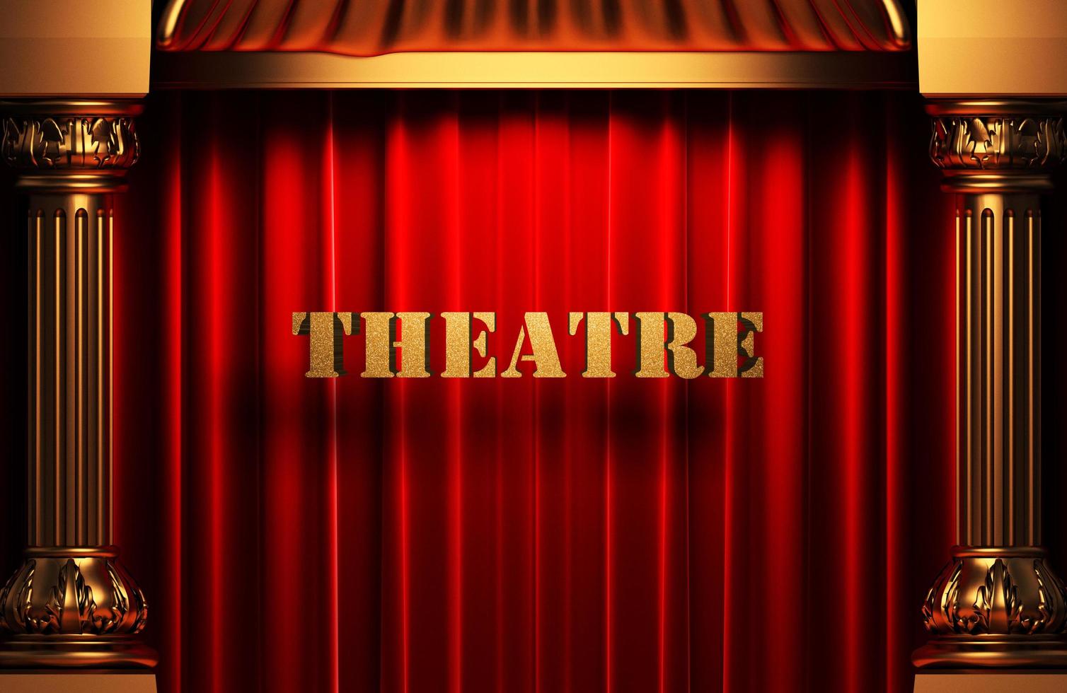 palavra dourada do teatro na cortina vermelha foto