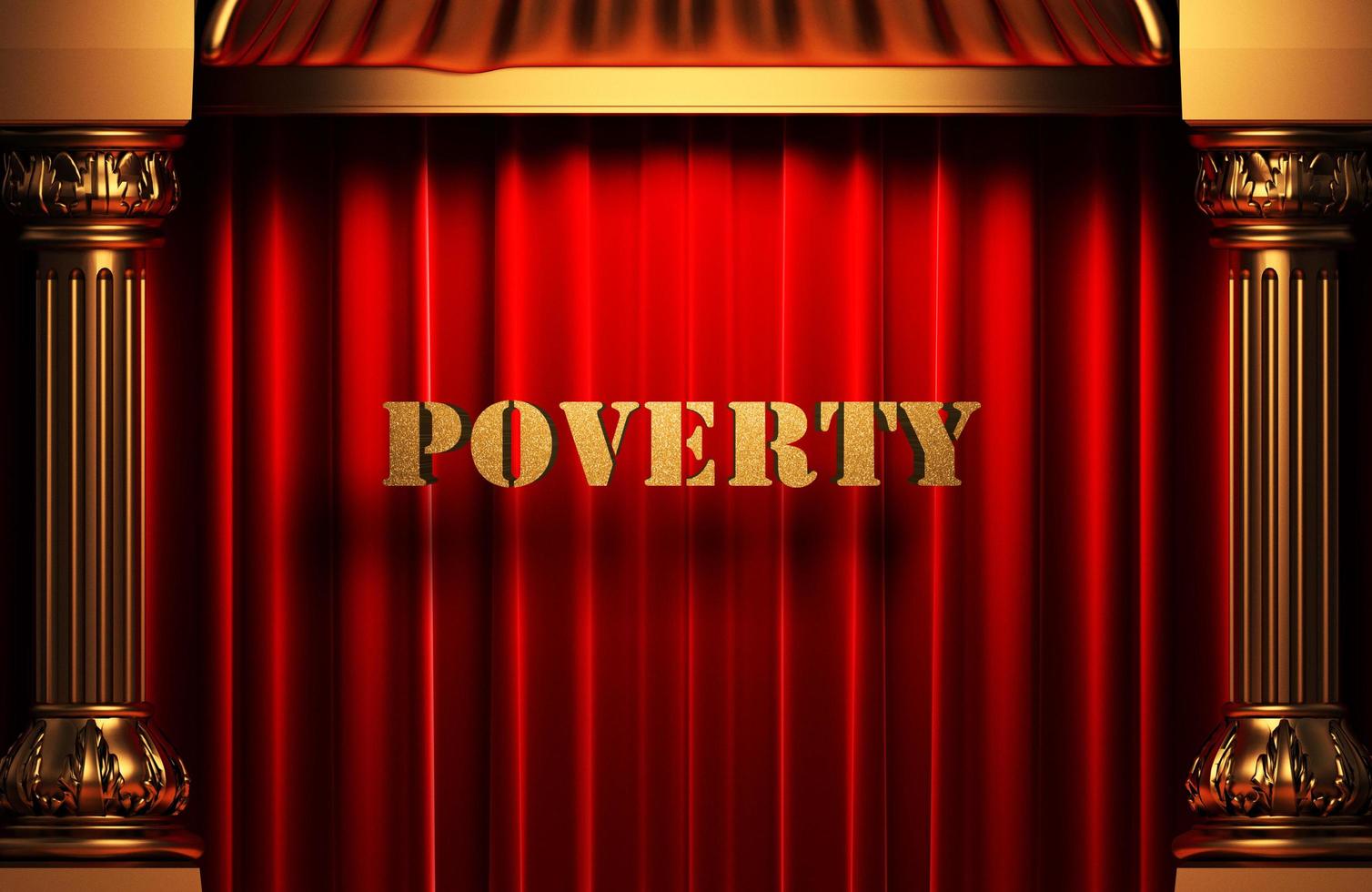 palavra de pobreza de ouro na cortina vermelha foto