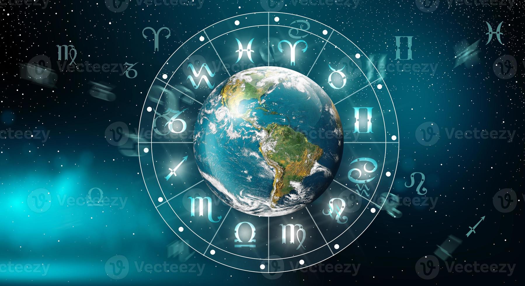 roda do horóscopo do Zodíaco astrológico com o planeta Terra. o poder do universo. foto