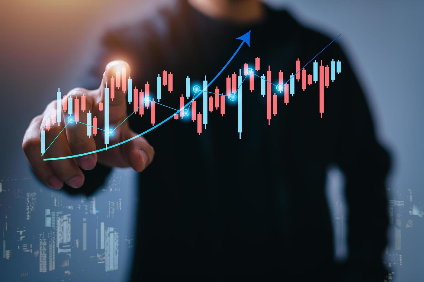 mercado de ações, crescimento de negócios, progresso ou conceito de sucesso. mostrando um estoque de holograma virtual em crescimento, invista em negociação. planejamento e estratégia, metaverso ocupado foto