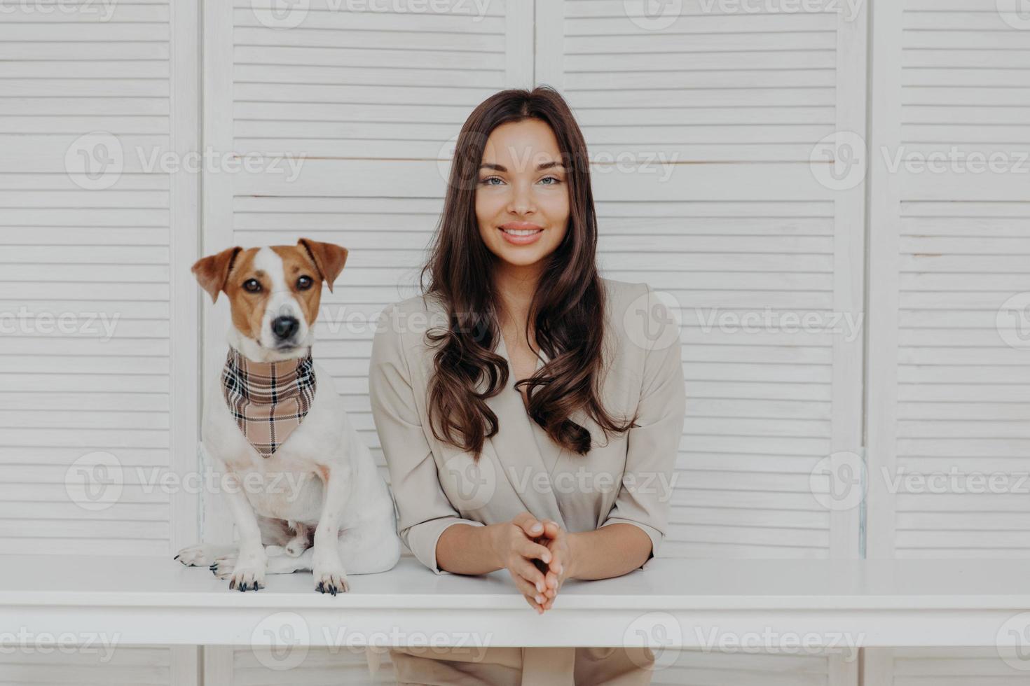 encantadora mulher europeia linda com cabelos longos escuros olha diretamente para a câmera, mantém as mãos juntas, poses de cachorro com pedigree fofo perto, brincam juntos, têm relacionamento amigável. dono do animal de estimação interior foto