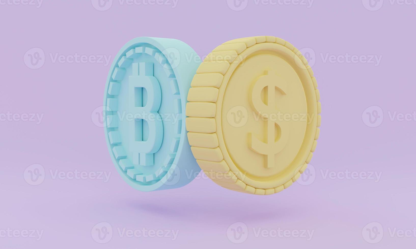 Moeda de renderização 3D com símbolo de bitcoin vs moeda com símbolo de dólar no conceito de fundo roxo de criptomoeda e moeda fiduciária. renderização 3D. ilustração 3D. foto