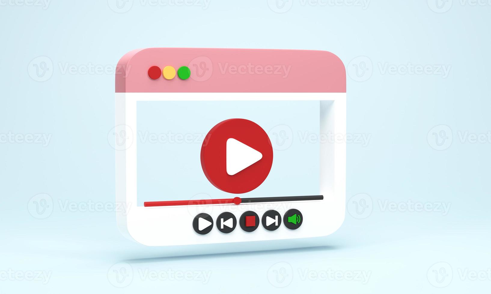 3D render ilustração 3d. mídia de player de vídeo de estilo minimalista com botão play em fundo azul. conceito de reprodução de vídeo foto