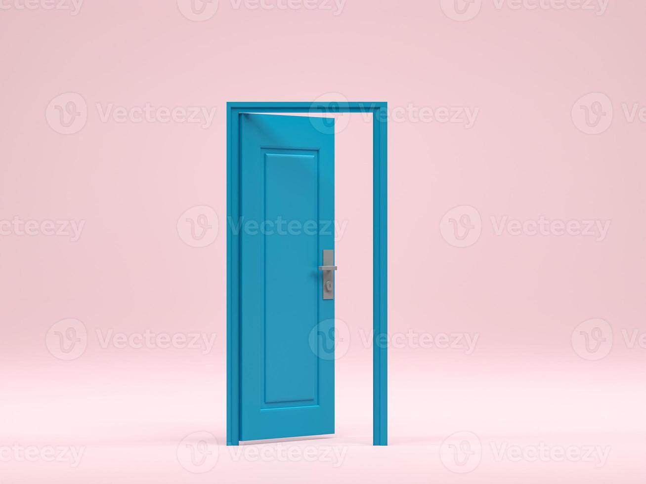 renderização 3D, ilustração 3D. entrada de porta aberta azul na sala de fundo rosa. ideia interior mínima criativa. foto