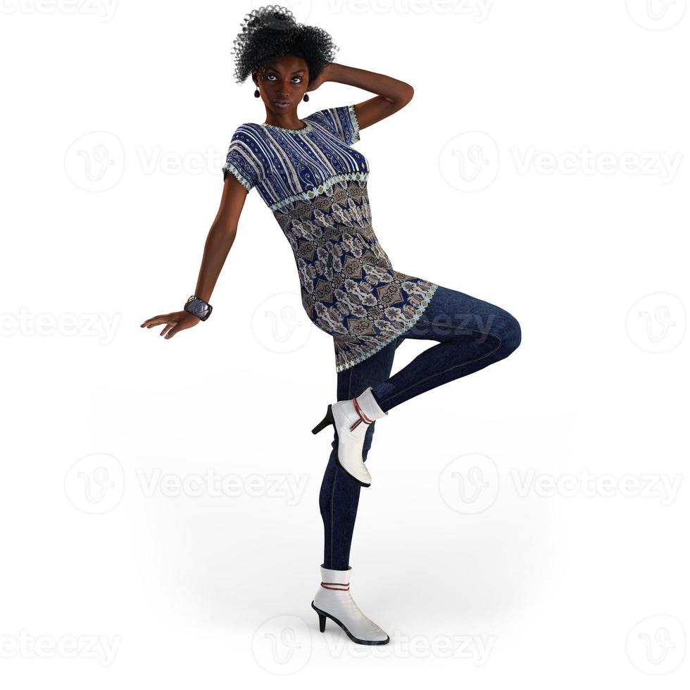 linda mulher negra com camisa estampada, jeans e salto alto em ilustração 3d. foto