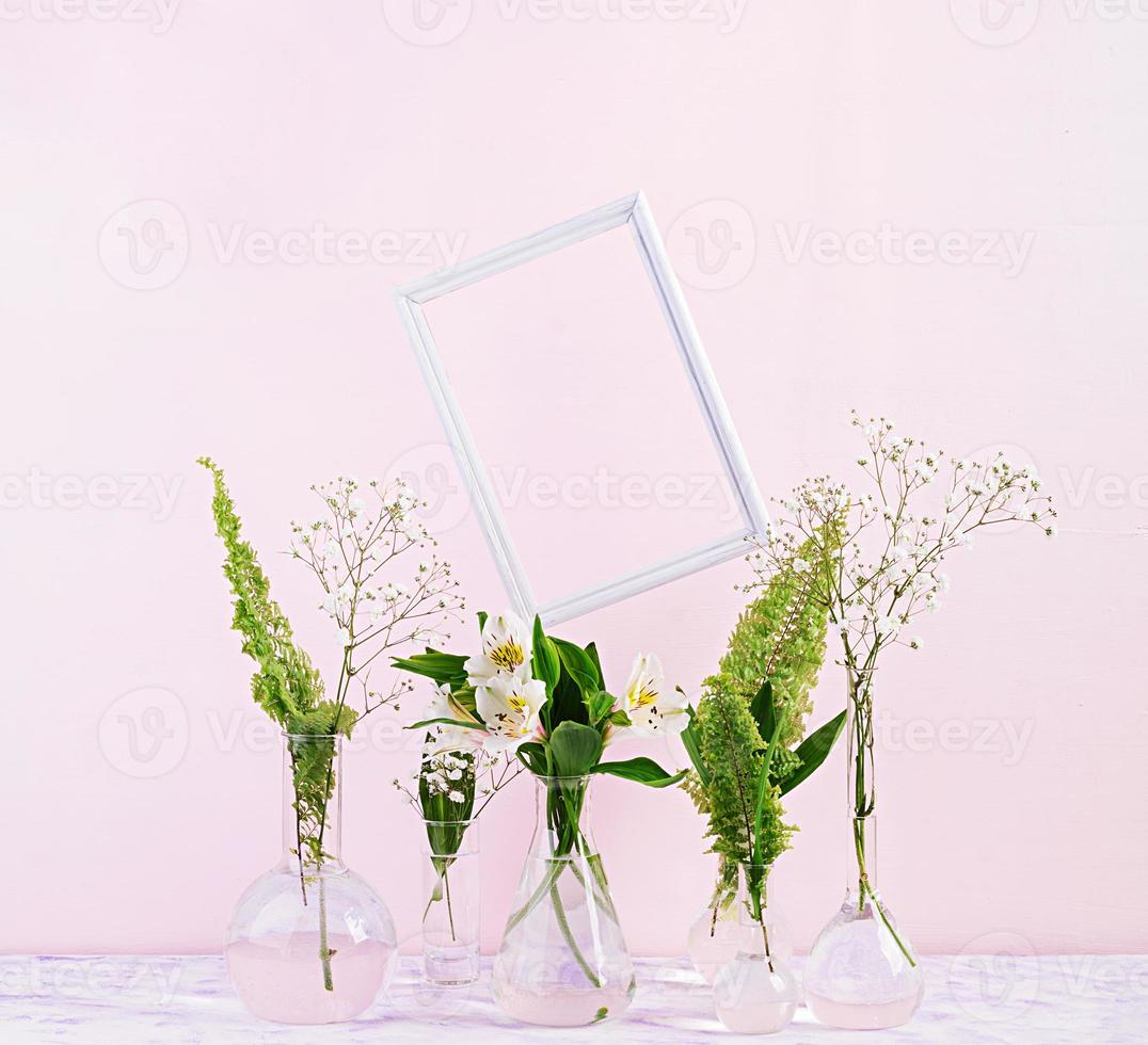 flores e plantas em frasco com moldura. fundo de linda primavera com flores em vaso. foto