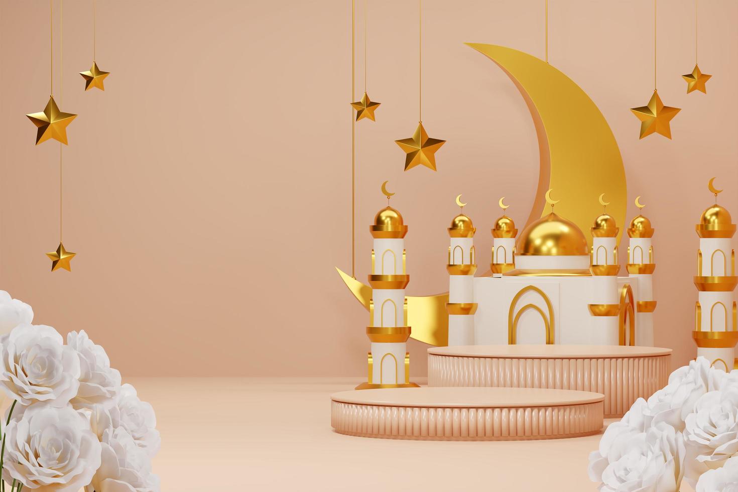 imagem de renderização 3D do fundo de saudação do tema ramadan e eid fitr adha mubarak com objetos de decoração islâmicos foto