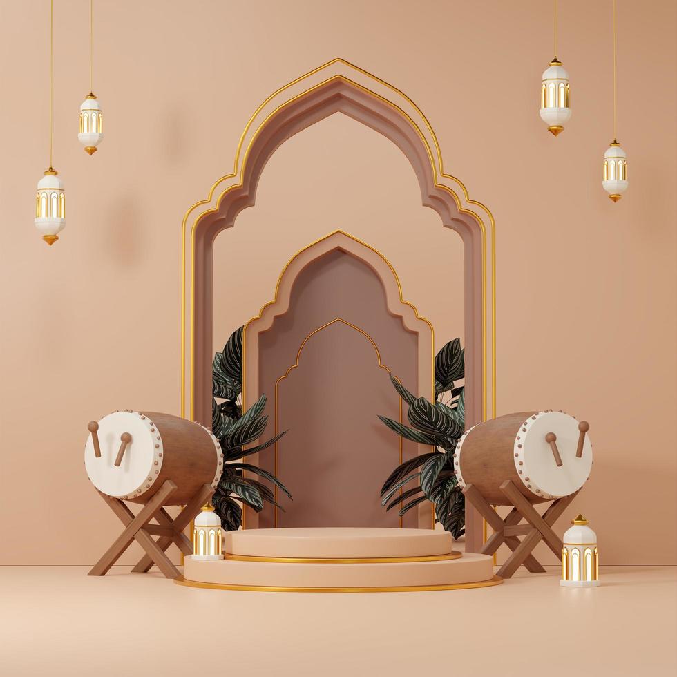 imagem de renderização 3D do fundo de saudação do tema ramadan e eid fitr adha mubarak com objetos de decoração islâmicos foto