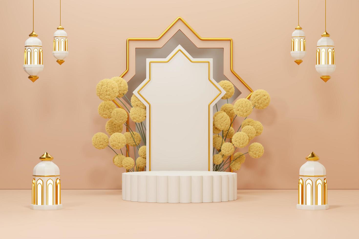 imagem de renderização 3D do fundo de saudação do tema ramadan e eid fitr adha mubarak com objetos de decoração islâmicos foto