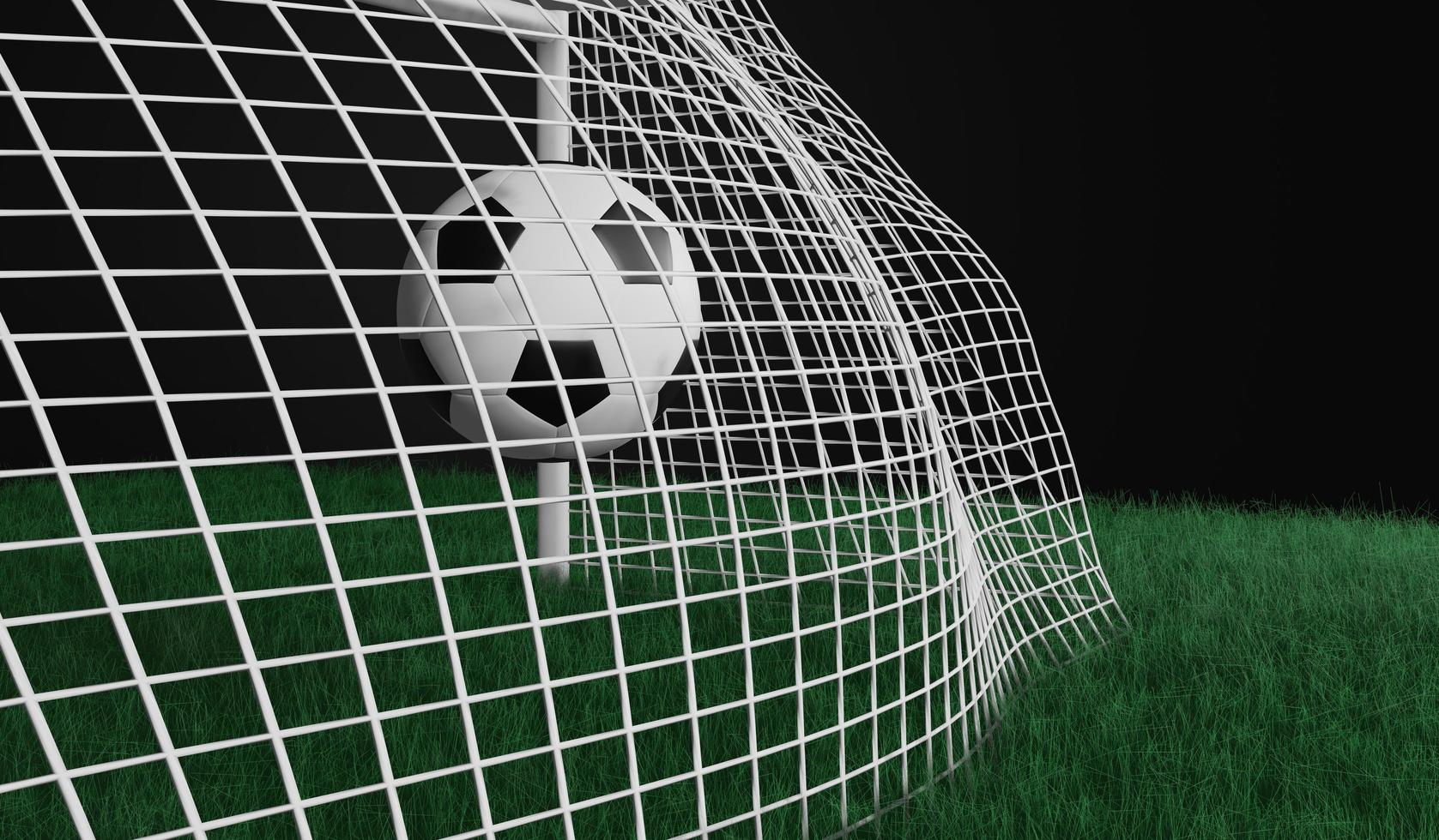 3D render ilustração futebol na vista de trás do gol no campo de futebol foto