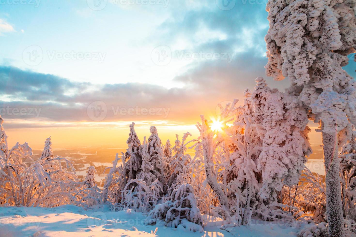 paisagem de inverno nevado no pôr do sol foto