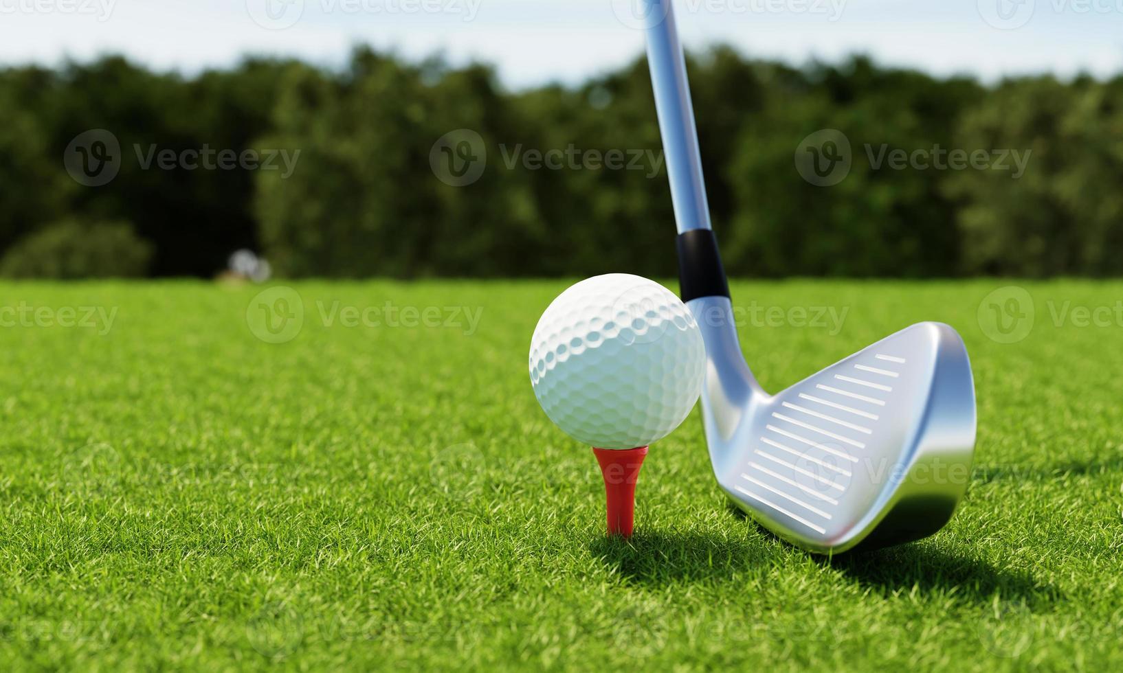 bola de golfe no tee e clube de golfe com fundo verde do fairway. esporte e conceito atlético. renderização de ilustração 3D foto