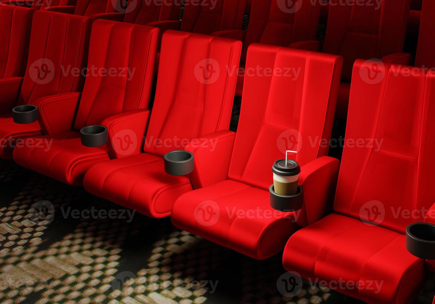 fileiras de assentos de veludo vermelho assistindo filmes no cinema com fundo de banner de espaço de cópia. conceito de entretenimento e teatro. renderização de ilustração 3D foto