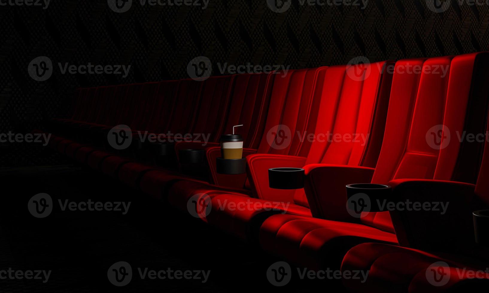 fileiras de assentos de veludo vermelho assistindo filmes no cinema com fundo de banner de espaço de cópia. conceito de entretenimento e teatro. renderização de ilustração 3D foto