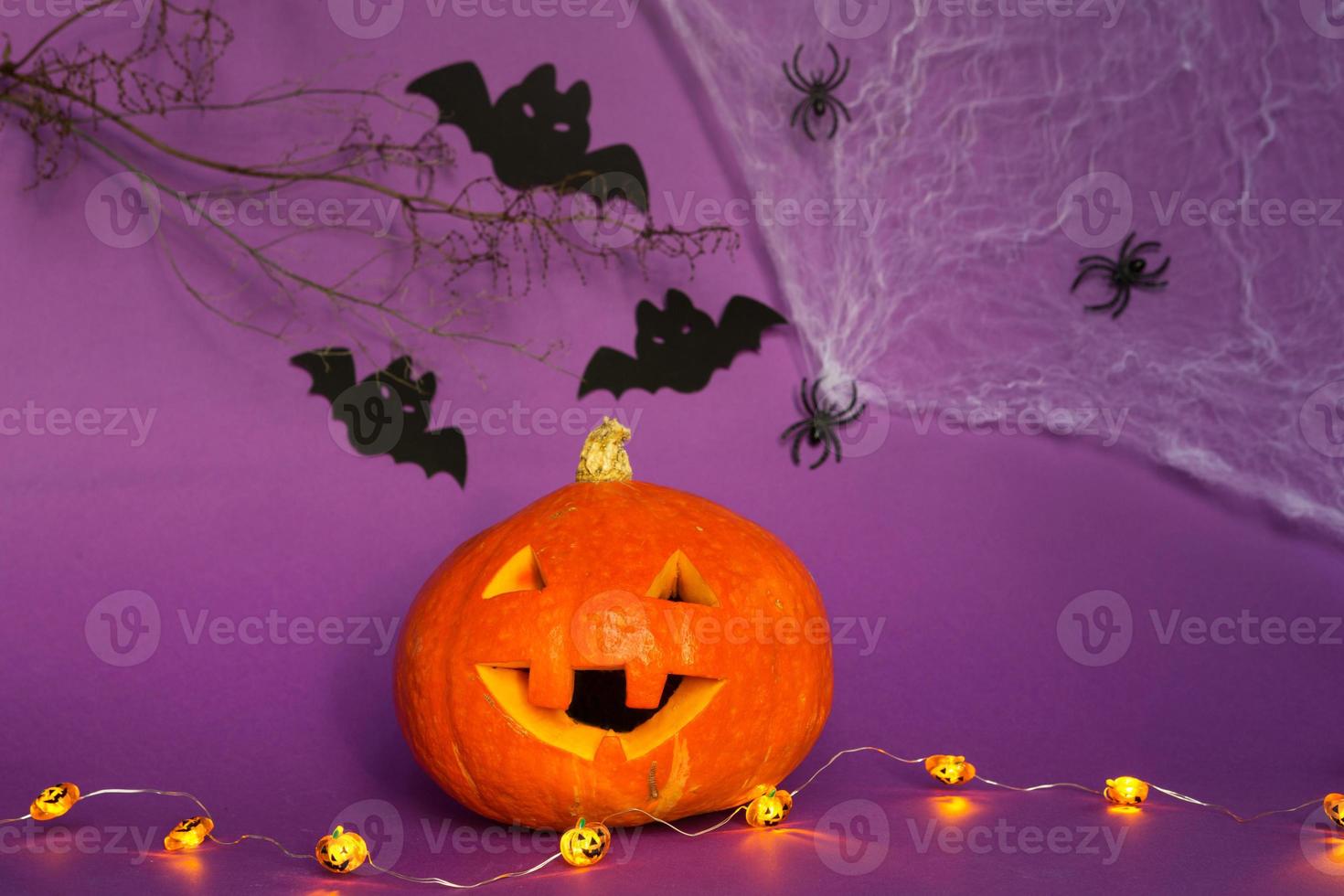 fundos de halloween de abóbora natural jack lanterna, aranhas e morcegos pretos em um fundo roxo com cenário terrível. horror e um feriado assustador com espaço de cópia foto