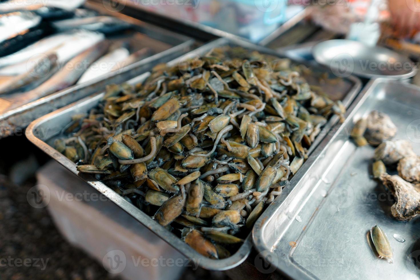 mercado de peixe em krabi, frutos do mar crus em um mercado perto do mar tropical foto