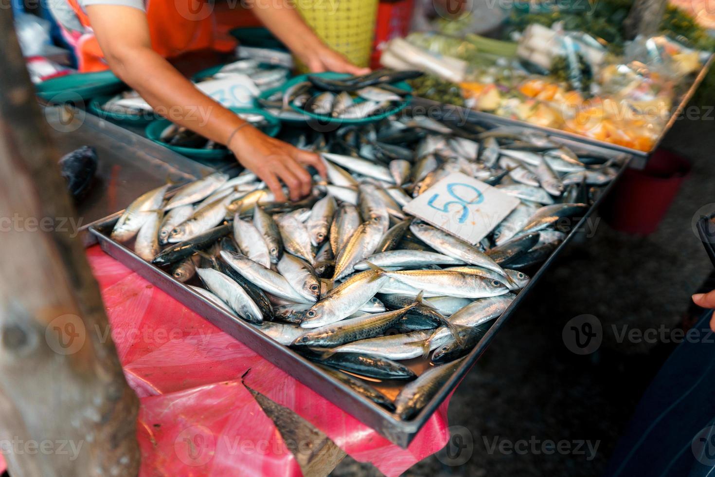 mercado de peixe em krabi, frutos do mar crus em um mercado perto do mar tropical foto