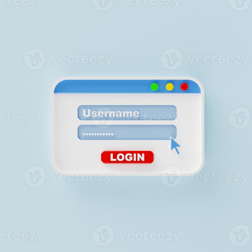 janela pop-up de interface de usuário de usuário e senha de login em fundo azul. navegador de internet do sistema operacional do computador e conceito de rede social. renderização de ilustração 3D foto