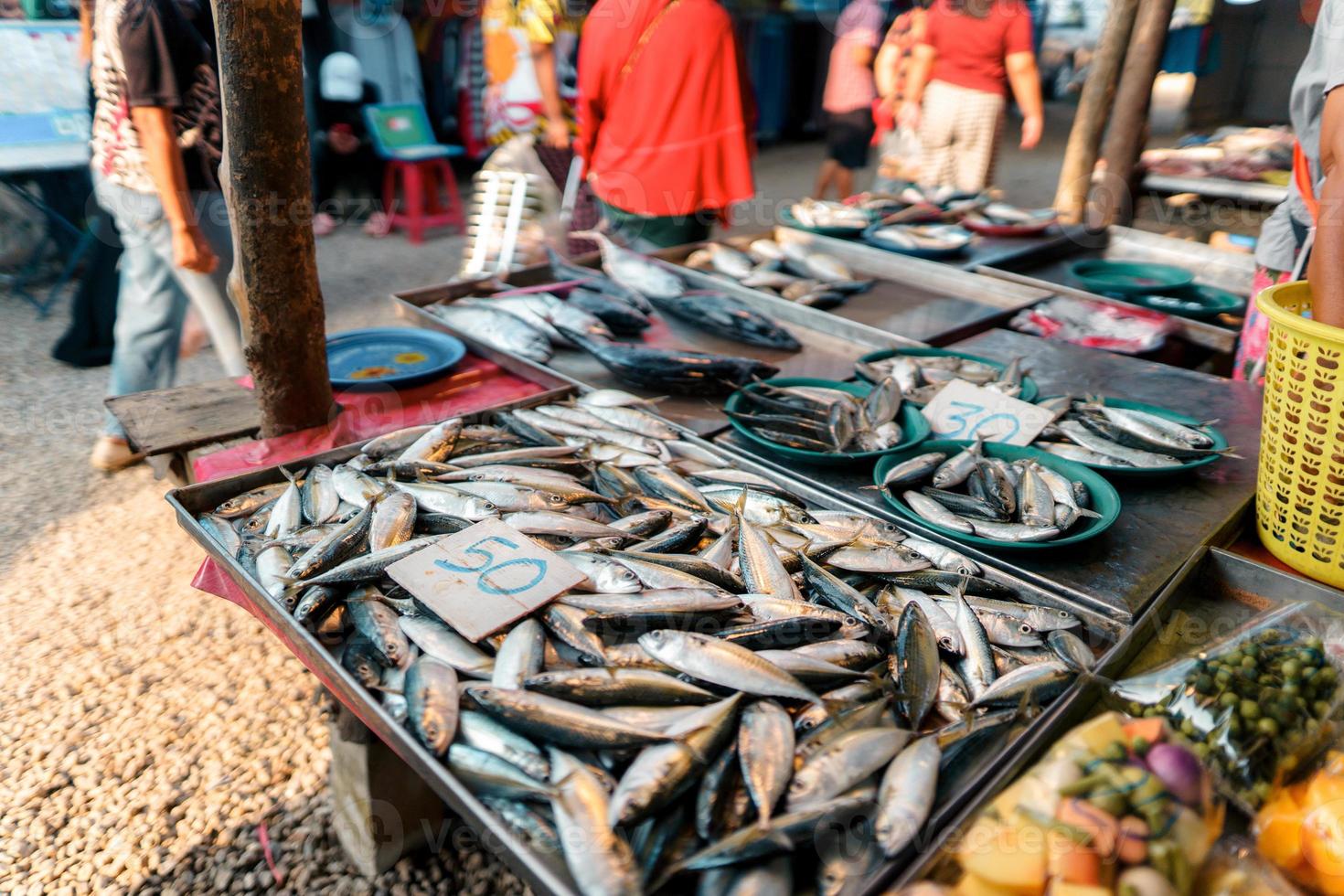 mercado de peixe em krabi, frutos do mar crus em um mercado perto do mar tropical foto