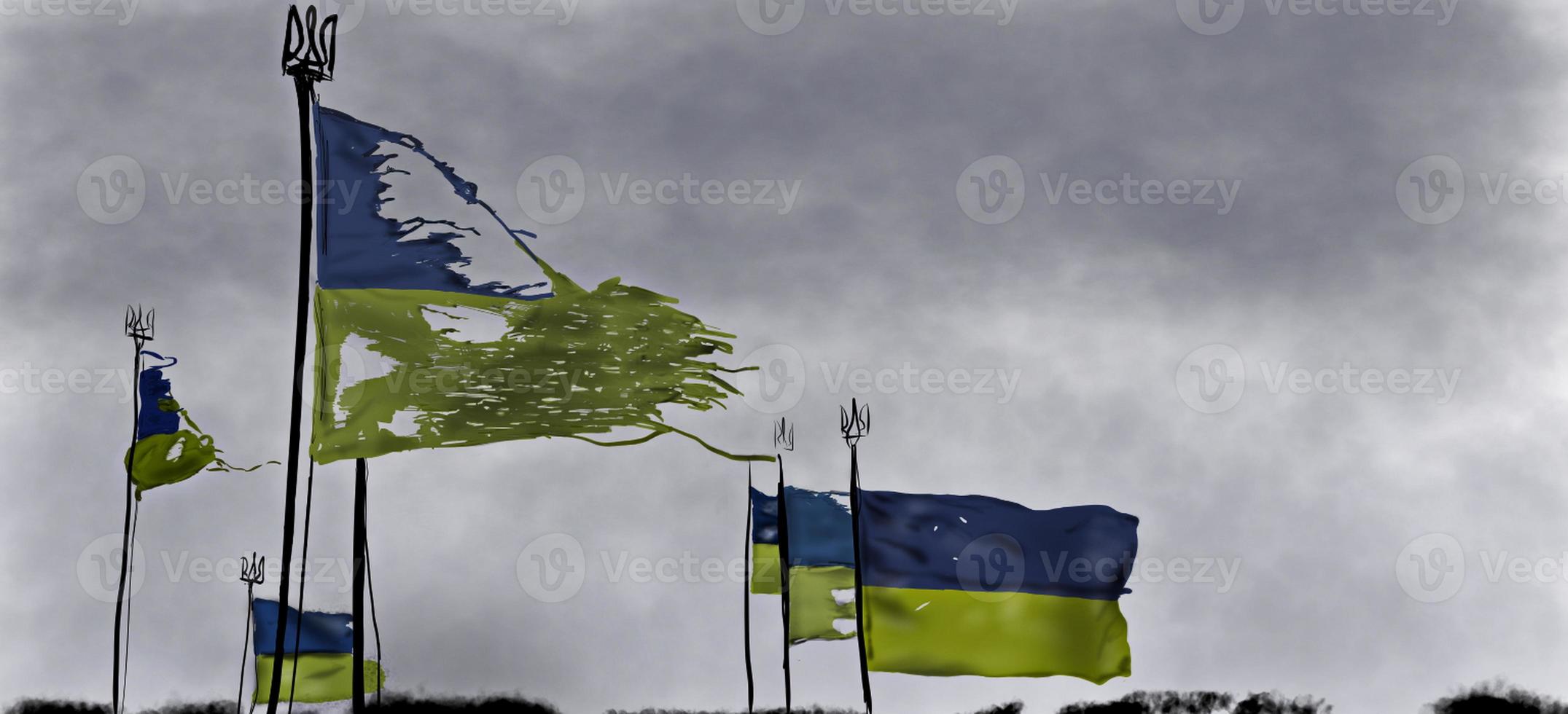 bandeira azul e amarela ucraniana irregular no fundo do céu cinza triste foto