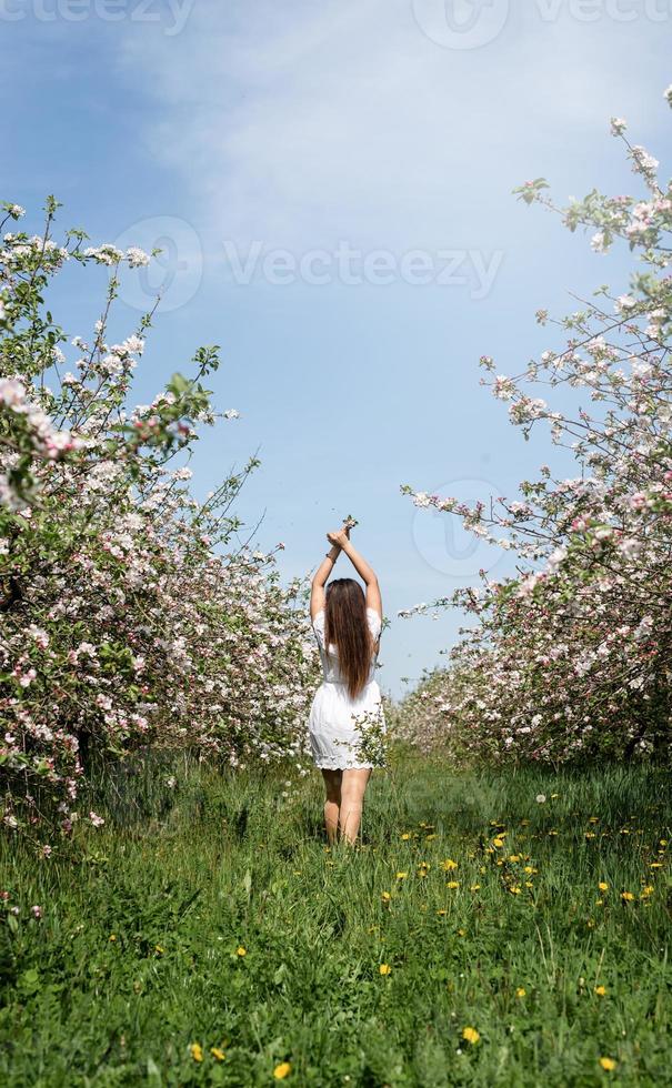 jovem mulher caucasiana, apreciando a floração de uma macieira foto