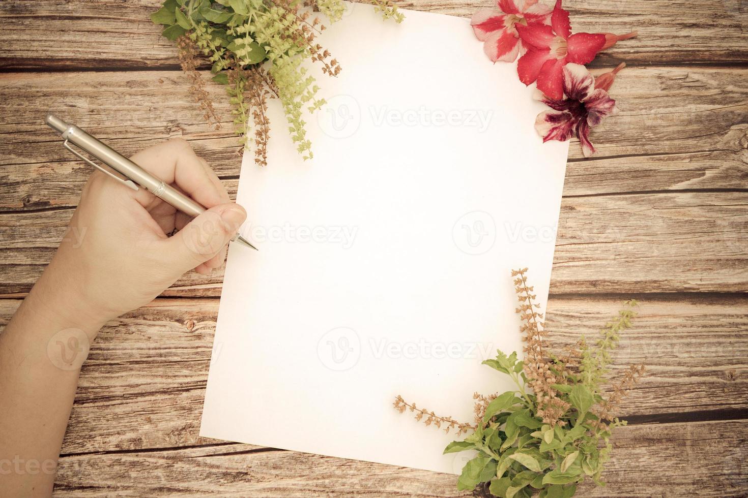 espaço conceitual para texto, que consiste no cabo de uma caneta escrevendo em um pedaço de papel em branco, flores de azaléia e manjericão em um fundo de madeira. modelo em branco para seu text.top view.flat lay foto