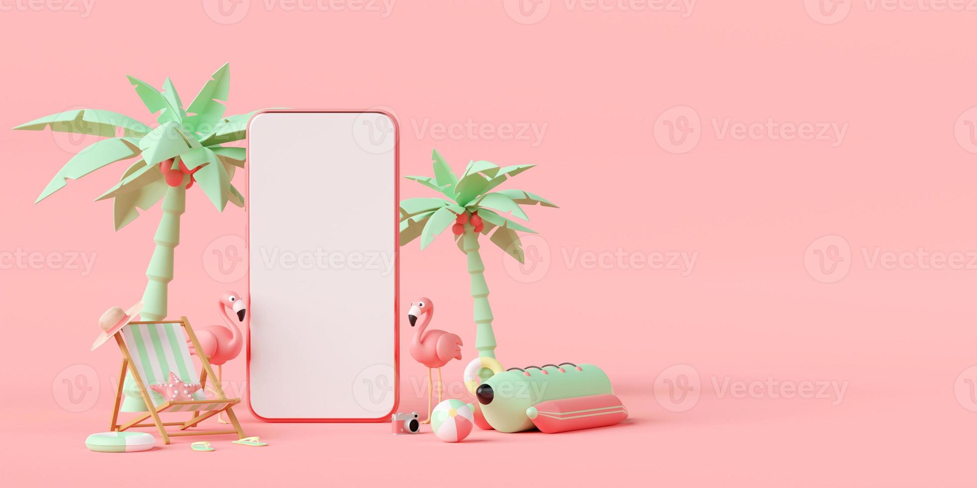 conceito de férias de verão, maquete de smartphone com flamingo, cadeira de praia e acessórios de praia, ilustração 3d foto