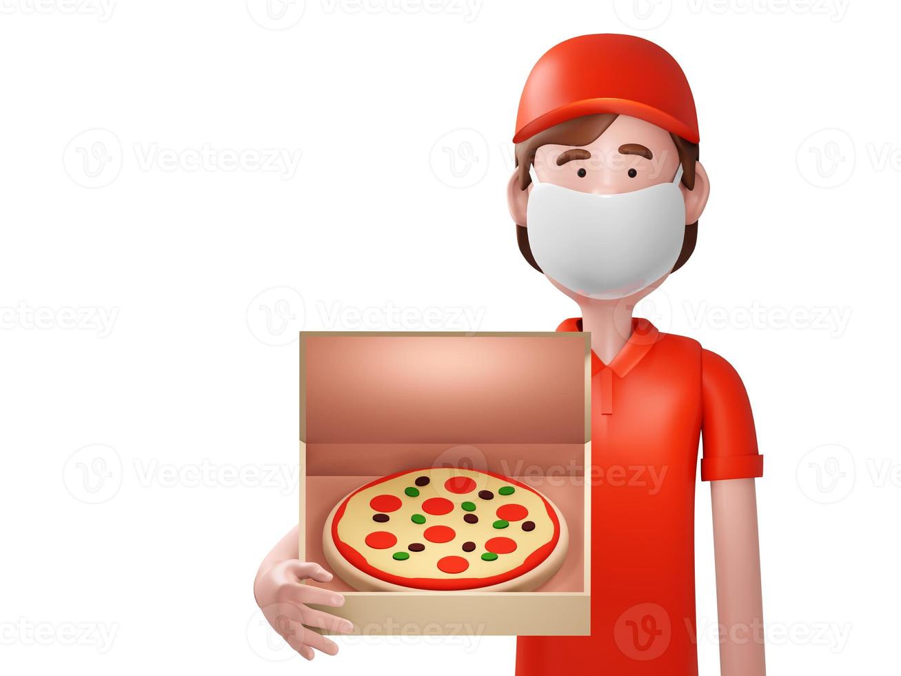 correio de entrega de pizza com máscara segurando a caixa com pizza, 3d render foto
