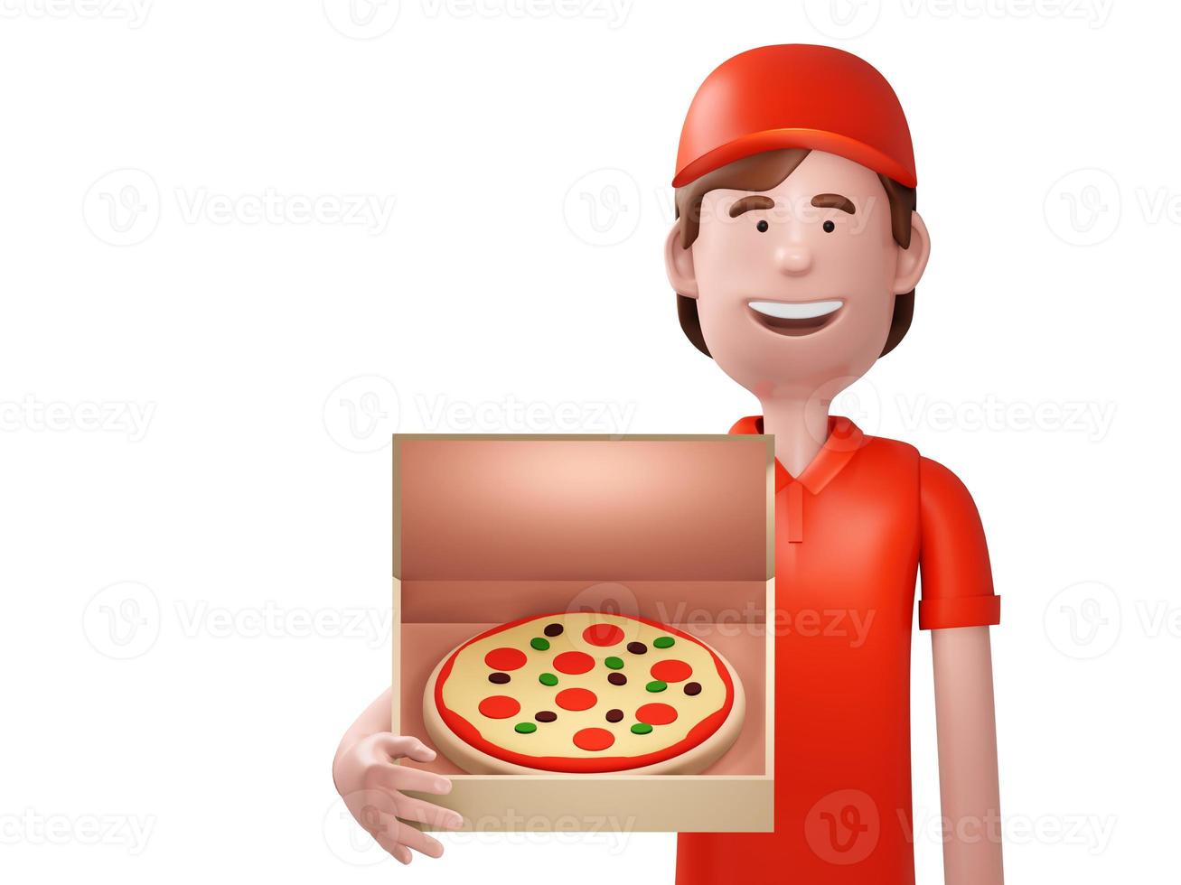 entregador de pizza de uniforme vermelho segurando a caixa com pizza, renderização 3d foto