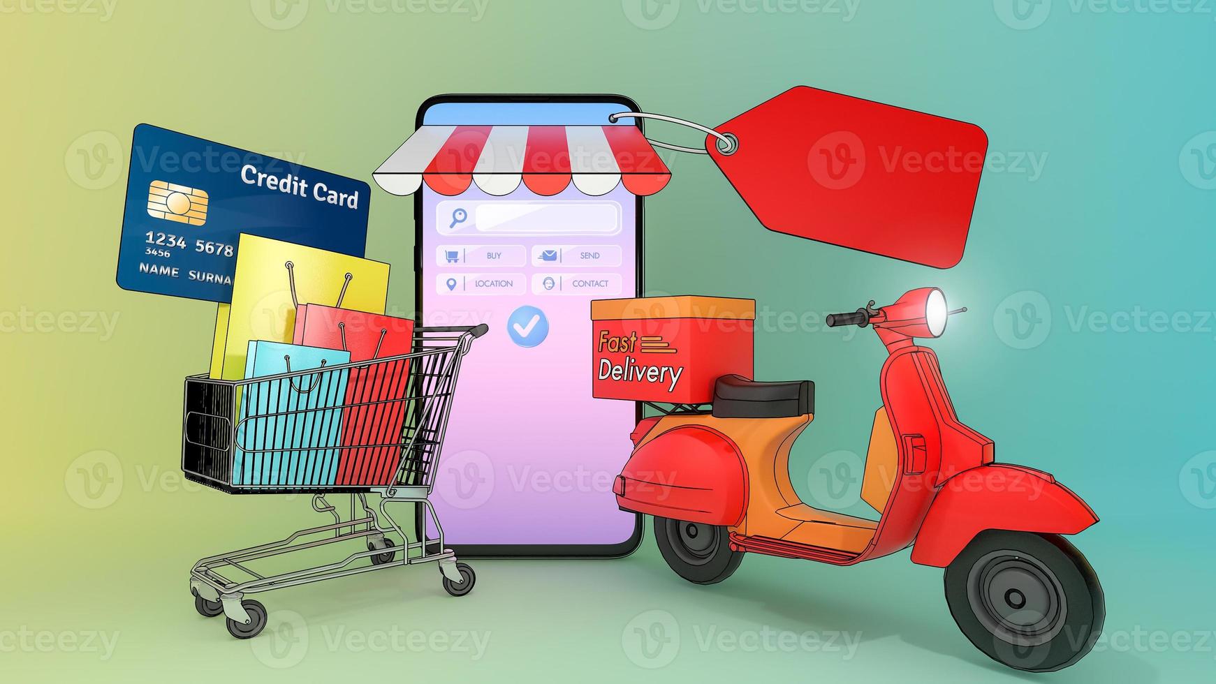 muitos saco de compras e etiqueta de preço e cartão de crédito em um carrinho de compras com scooter apareceram na tela de smartphones., conceito de serviço de entrega rápida e compras on-line., ilustração 3d. foto