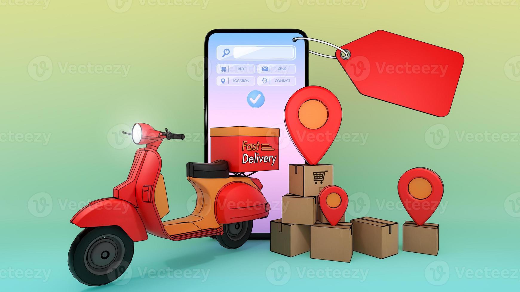 telefone móvel e scooter com muitos ponteiros de caixa de papel e pino vermelho., conceito de serviço de entrega rápida e compras online., ilustração 3d com traçado de recorte de objeto. foto