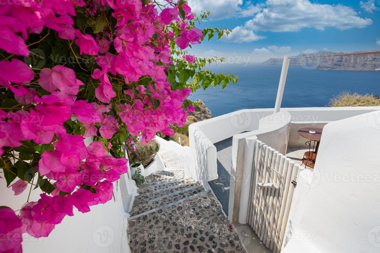 Santorini, Grécia. famosa vista da paisagem tradicional de santorini arquitetura branca com flores em primeiro plano. fundo de férias de verão. conceito de turismo de viagens de luxo. destino de verão incrível foto