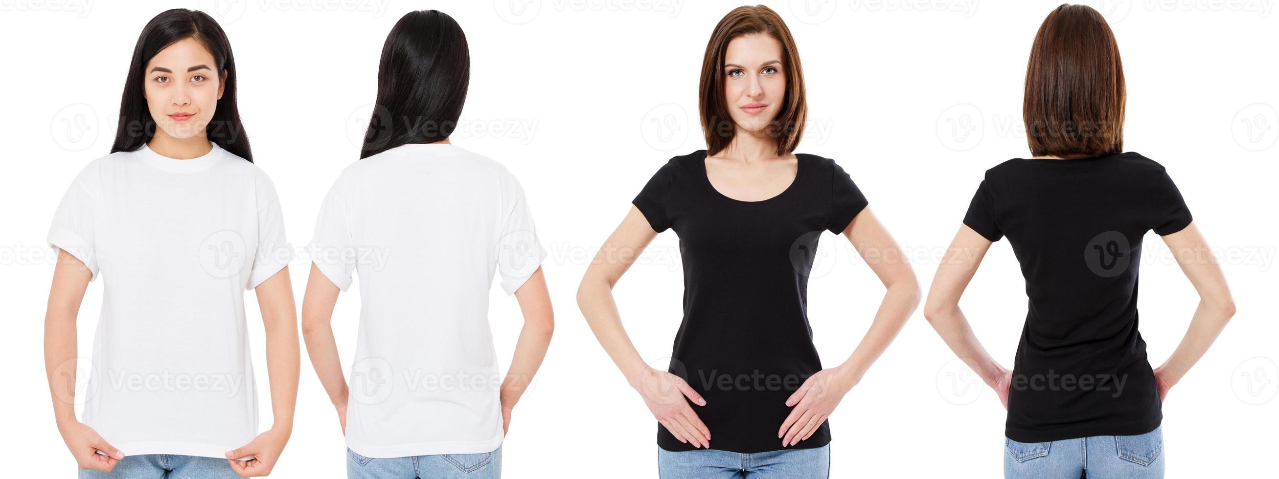 Mulher coreana e branca em uma camiseta branca e preta em branco e vista traseira, mock up, modelo de design foto