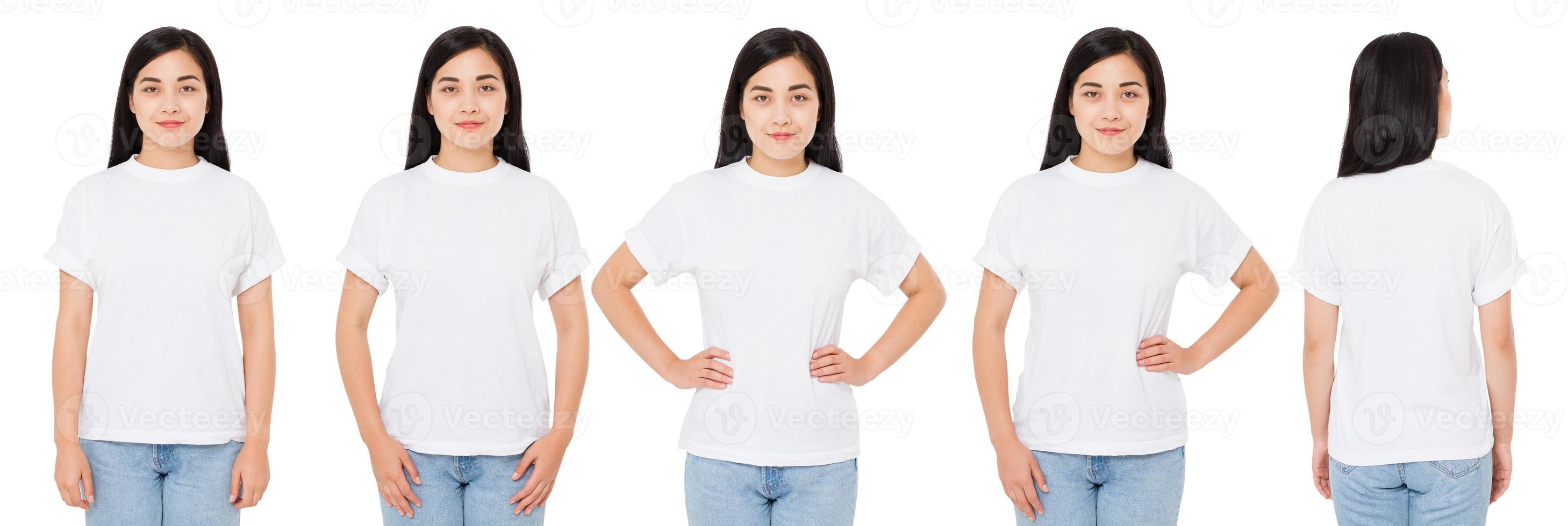 várias mulheres asiáticas e coreanas em camiseta branca isolada, camiseta de menina chinesa, vistas traseiras frontais foto