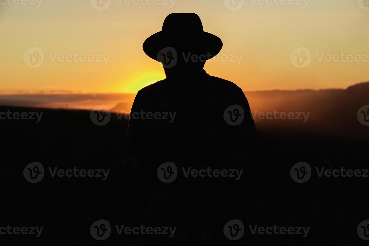 silhueta de um agricultor em pé olhando para o pôr do sol. foto