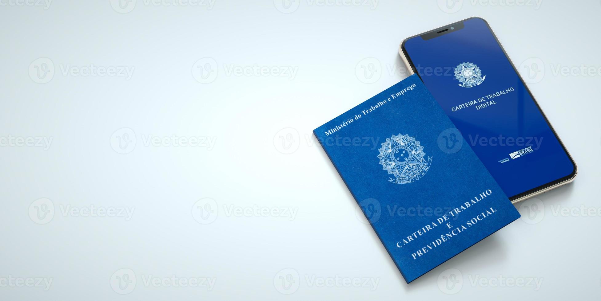 smartphone com novo aplicativo de pasta de trabalho digital na tela. documento de trabalho brasileiro e documento de segurança social em fundo branco. renderização 3D. foto