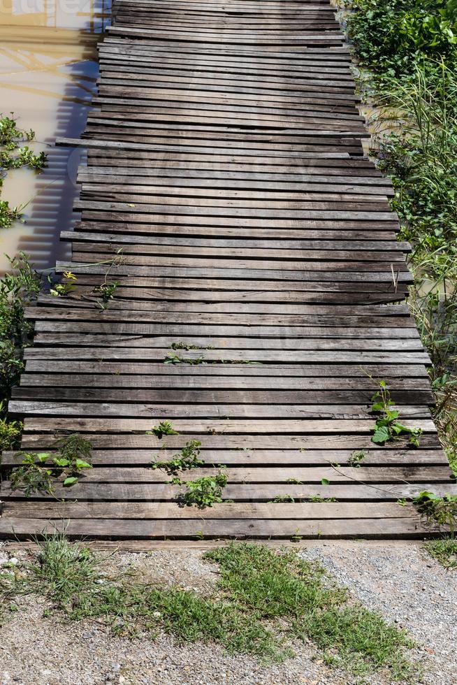 ponte de madeira velha com jacinto de água. foto
