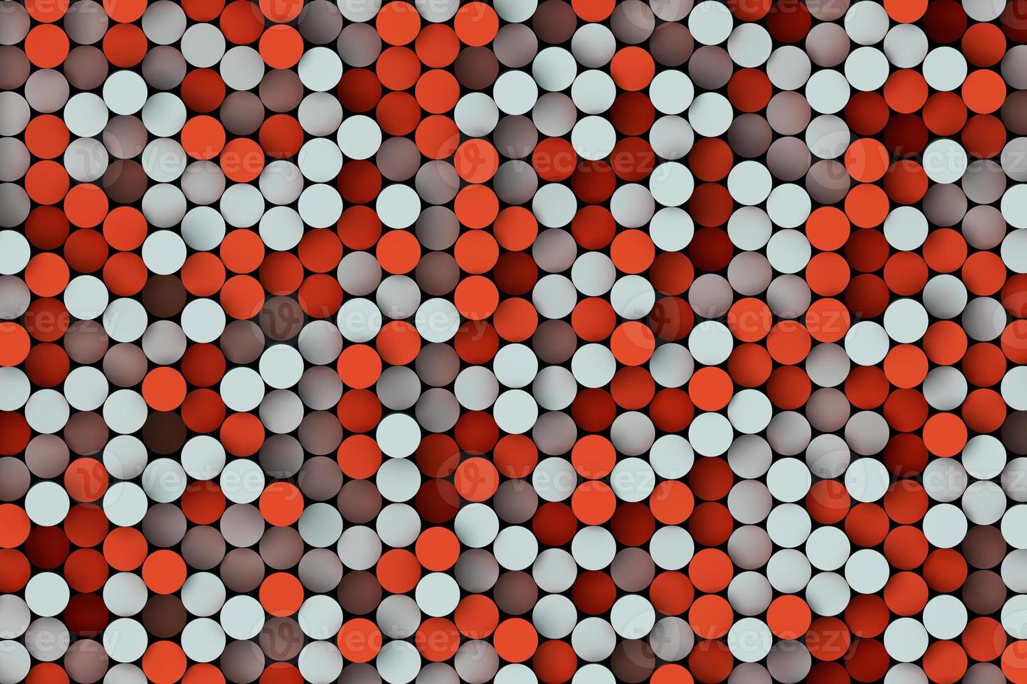 formas geométricas redondas vermelhas e cinzas movem-se para baixo aleatoriamente. renderização de ilustração 3d de mosaico geométrico de vista superior de círculo abstrato foto
