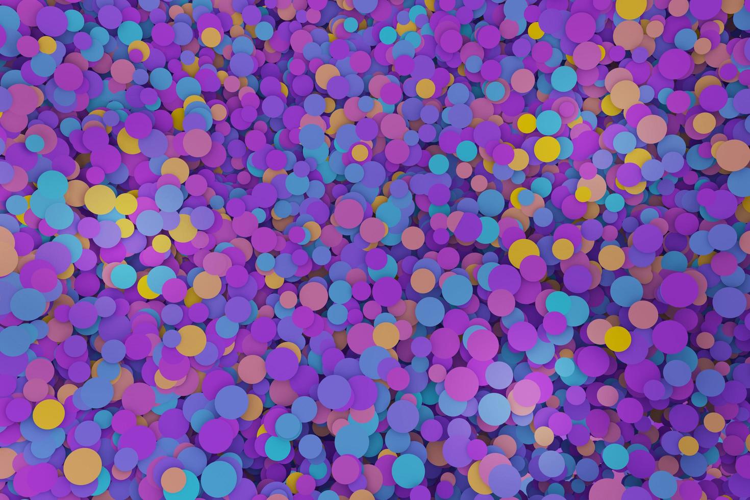 confetes roxos, violetas e amarelos redondos formas geométricas movendo-se para baixo aleatoriamente. renderização de ilustração 3d de mosaico geométrico de vista superior de círculo abstrato foto