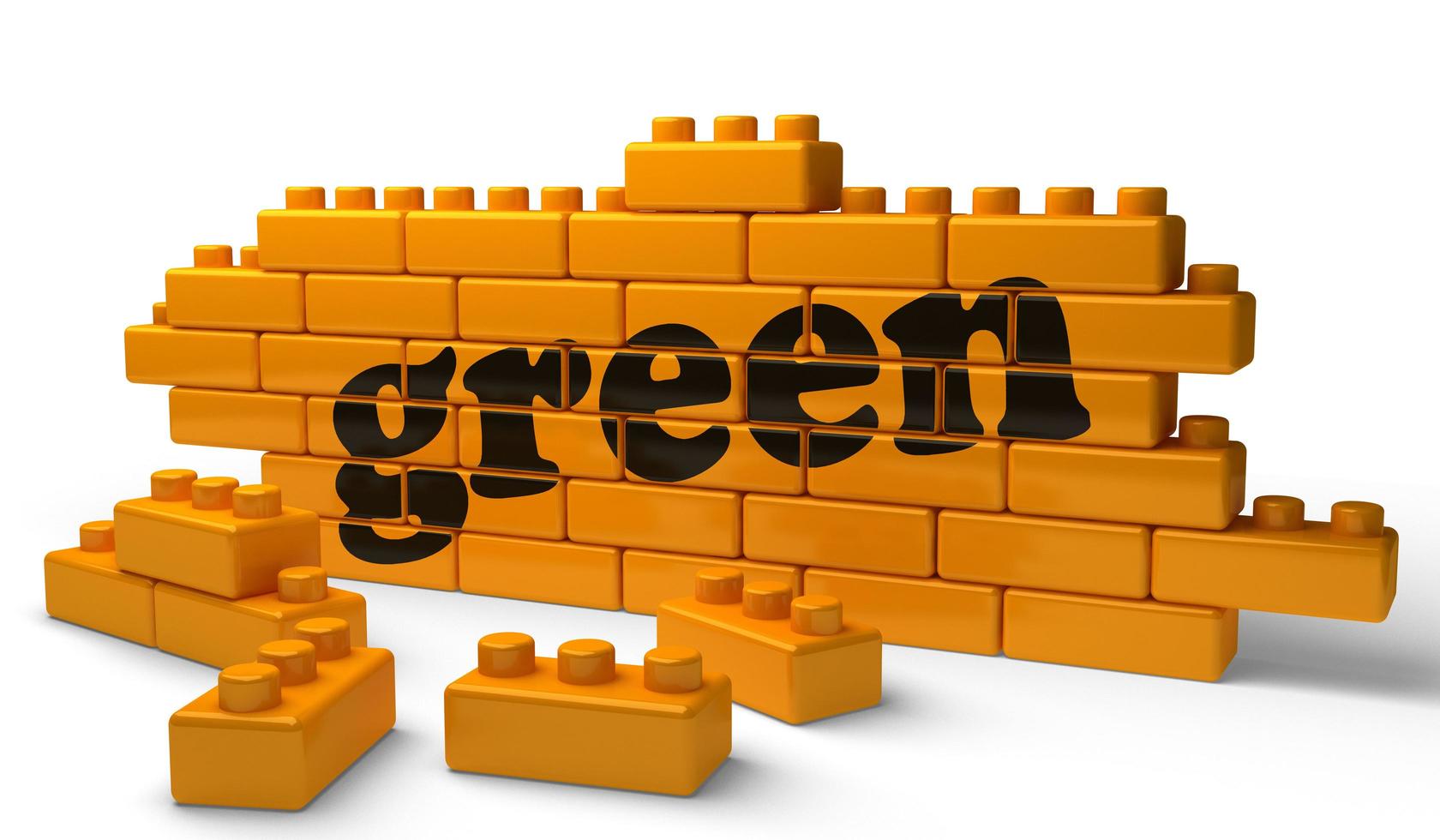 palavra verde na parede de tijolos amarelos foto