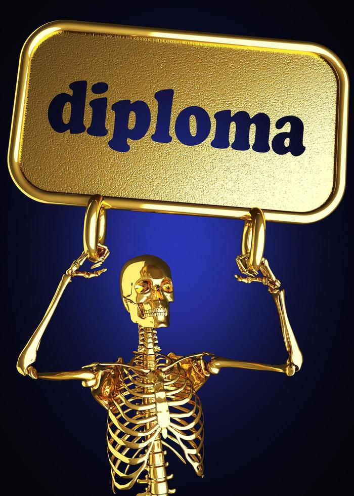 palavra de diploma e esqueleto dourado foto